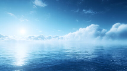 Obraz premium A serene ocean view with a bright sky and gentle clouds, reflecting calm waters and a peaceful atmosphere