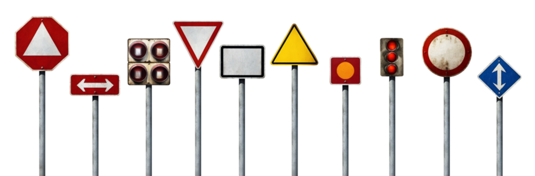set of blank rough traffic signs isolated on transparent background, png file with copy space for your text - Powered by Adobe