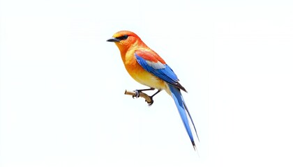 Obraz premium Vibrant Orange Yellow and Blue Bird Perched on Branch White Background Detailed Photorealistic Image