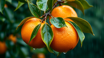  Close-up of ripe oranges on a branch, their bright orange color contrasting beautifully with the green leaves in the sunny orchard.
