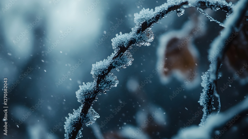 Poster Frost-covered branches glisten in a soft snowfall, creating a serene winter atmosphere filled with delicate ice crystals