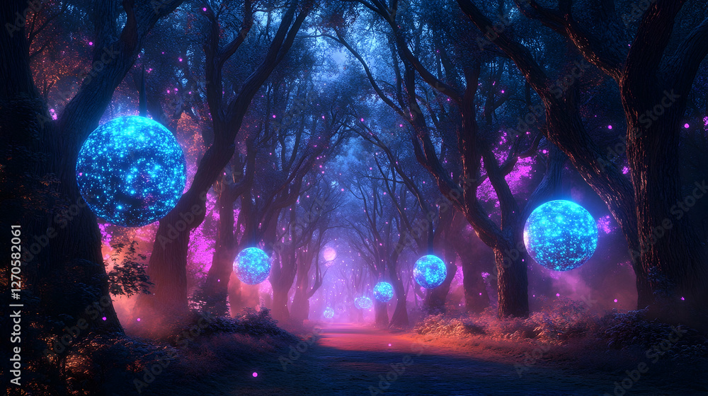 Wall mural a surreal glowing forest bathed in the luminescent light of an otherworldly eclipse, where trees pul
