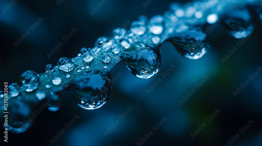 Poster close-up of water droplets resting on a leaf, highlighting the intricate details and reflections in 