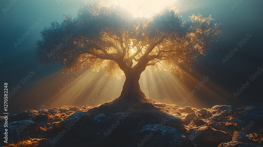 Poster a majestic tree illuminated by rays of sunlight, surrounded by a tranquil atmosphere, creates a sere