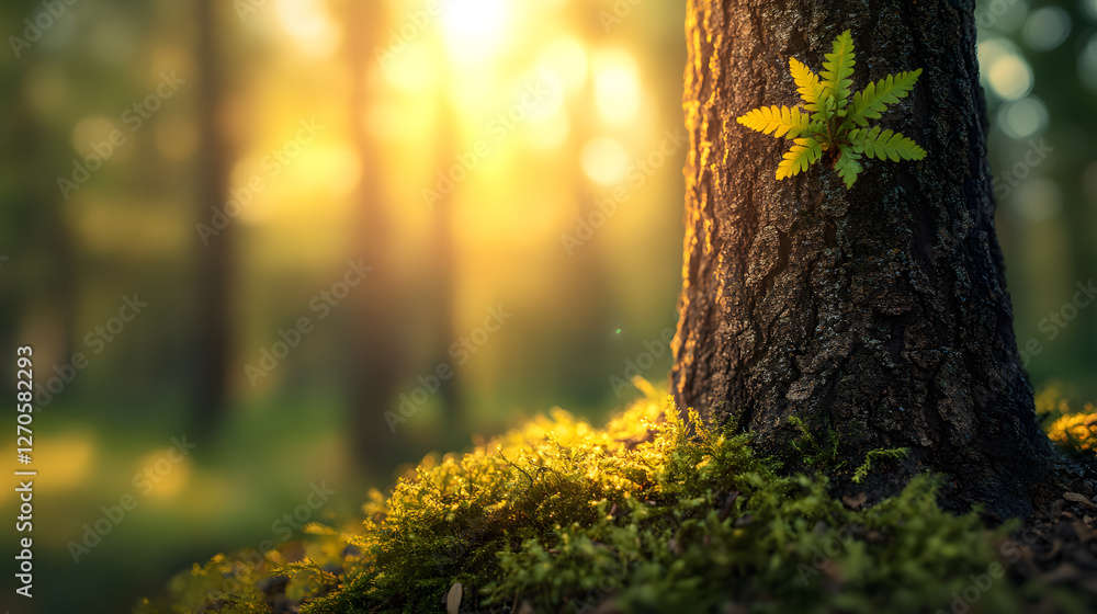 Poster A serene forest scene with sunlight filtering through trees, highlighting a mossy trunk adorned with a vibrant green leaf