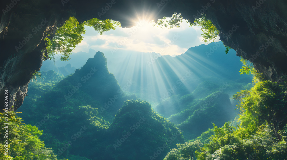 Poster a stunning view from a cave, showcasing lush mountains and rays of sunlight breaking through the clo