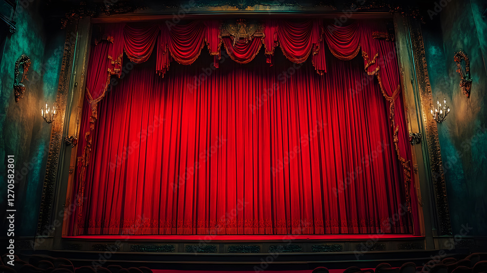 Poster a grand red theater curtain set against an ornate backdrop, creating an inviting atmosphere for a ca