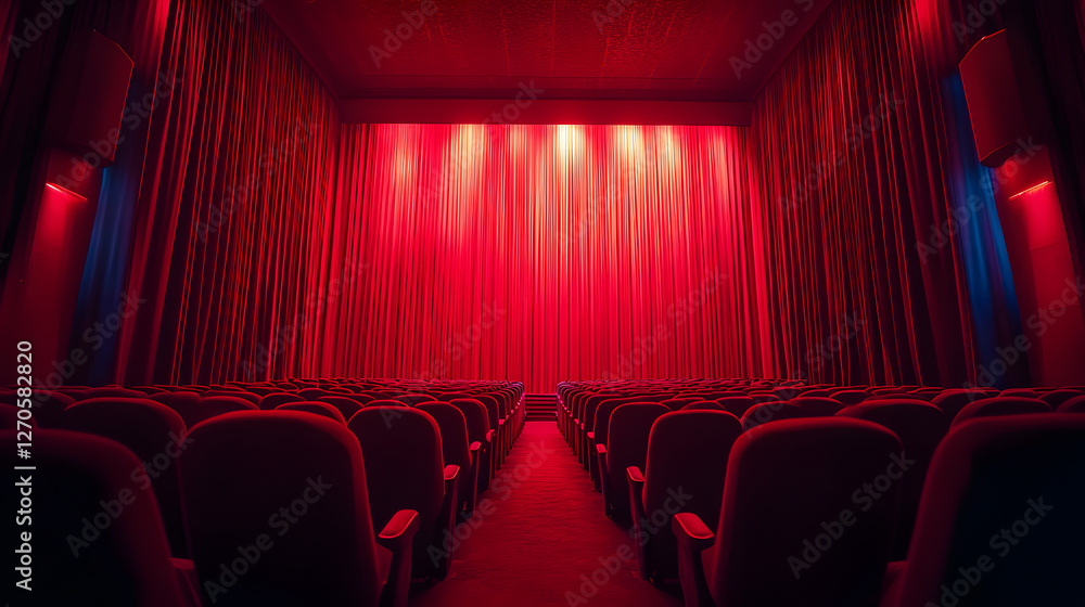Poster a dimly lit theater with red curtains and empty seats, creating an inviting yet mysterious atmospher