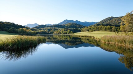 Obraz premium Calm lake reflecting mountains at dawn