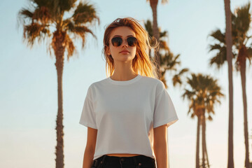 a white t-shirt mockup of a woman in her 20's standing by palm trees outside