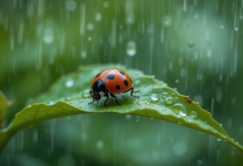 Obraz premium Bright orange ladybug resting on a leaf during a rain shower