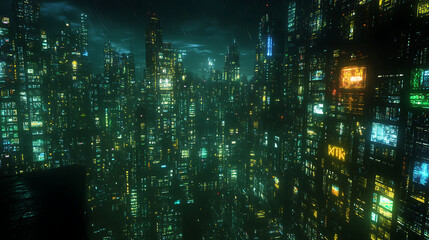 Naklejka premium Dense Metropolis Highrise Towers Illuminate Twilight Sky Reflecting Urban Technological Advancement