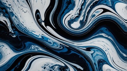 High-resolution abstract fluid marble texture with swirling black, white, and blue tones for backgrounds, prints, and digital design.