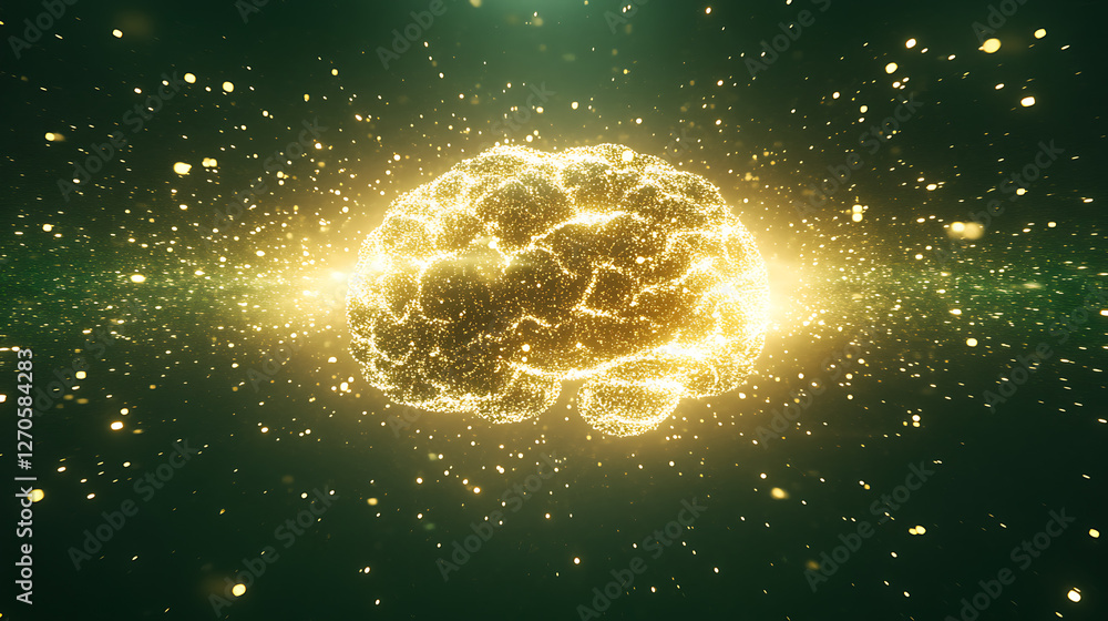Poster digital brain golden intelligence conceptual artificial glowing neural network connections data