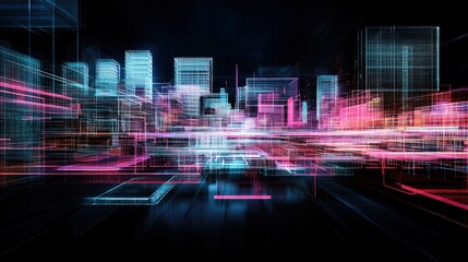 Fototapeta premium Neon Cityscape at Night: Futuristic Digital Data Streams and Vibrant Lights