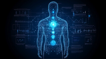 Digital Body Scan Revealing Seven Chakras in Human Silhouette with Scientific Data Visualization