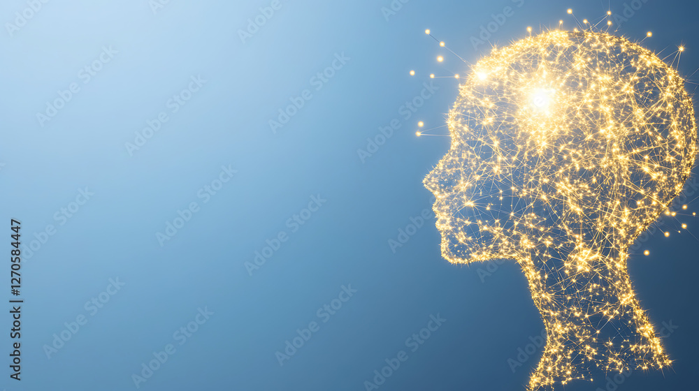 Poster digital brain silhouette of connected dots and lines on a gradient blue abstract background