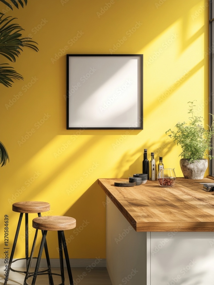 Poster this is a modern, cozy kitchen with a wood counter and a bar stool. the walls are painted yellow cre
