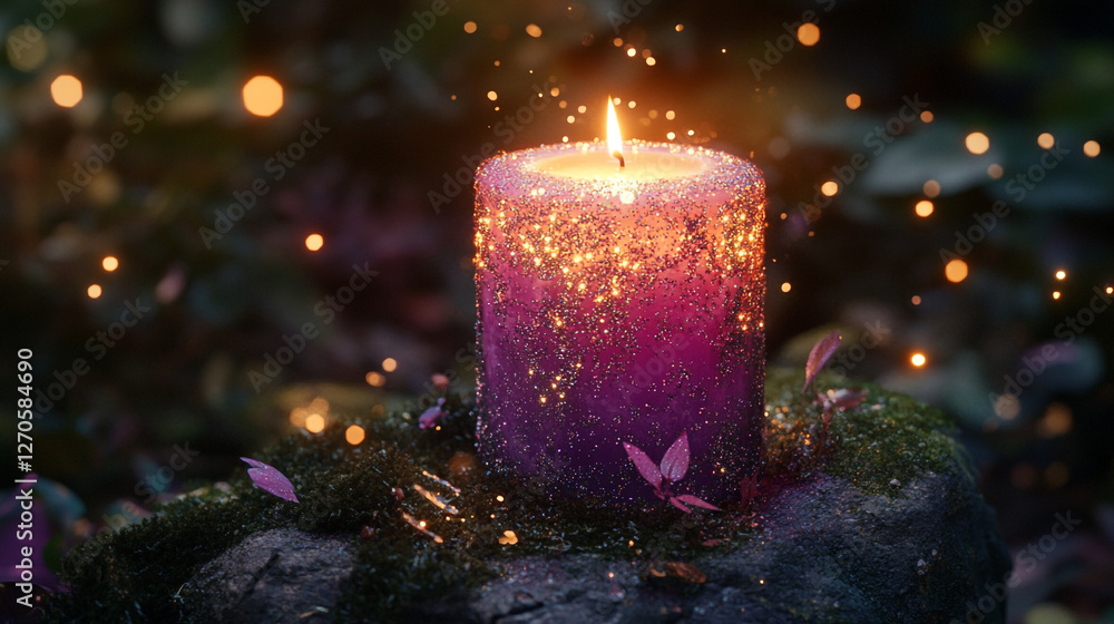 Poster sparkling candle illuminated in a serene forest setting during twilight hours
