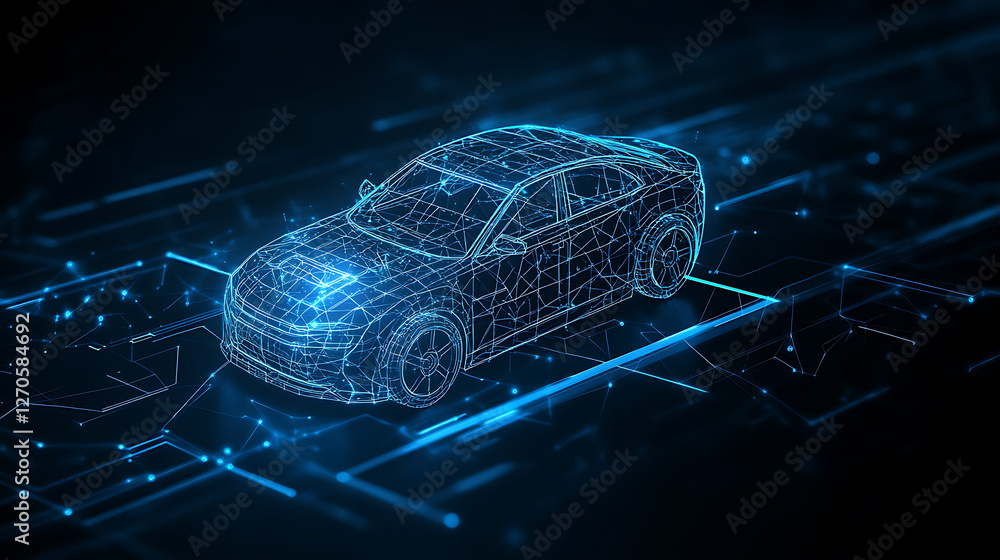Poster digital car wireframe futuristic design automobile model in cyberspace technology 3d visualization