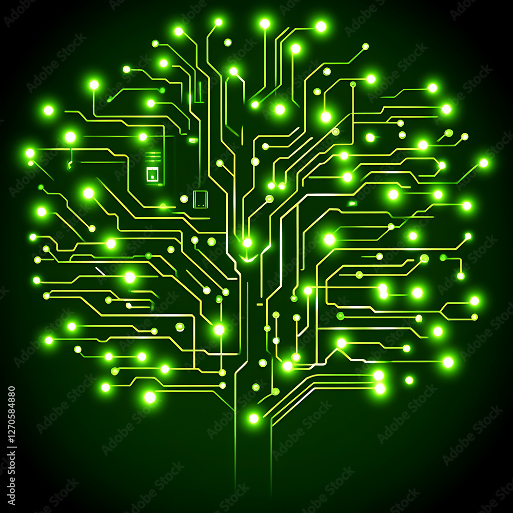 Poster digital circuit tree connectivity flow network artificial intelligence neural connection green glow