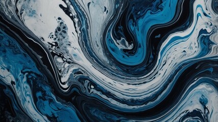 High-resolution abstract fluid marble texture with swirling black, white, and blue tones for backgrounds, prints, and digital design.