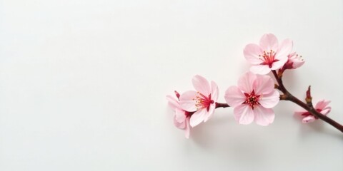 Fototapeta premium Delicate Pink Blossoms on a Branch Against a White Background, a Simple Floral Image Perfect for Springtime Designs and Greeting Cards