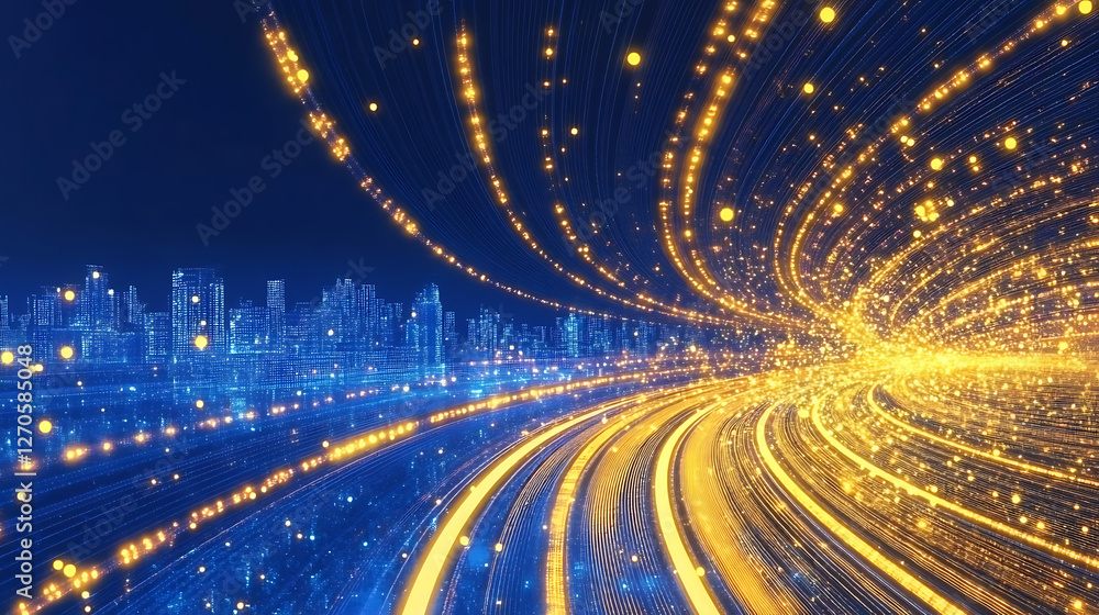 Aufkleber digital cityscape flowing data streams representing information and communication technology