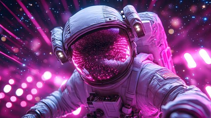 Dancing astronaught twirls through vibrant cosmic lights in a fantastical universe beyond imagination