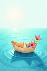 A whimsical paper boat adorned with vibrant flowers gently floats on a calm, tranquil ocean, its shadow dancing on the water's surface under a serene sky.