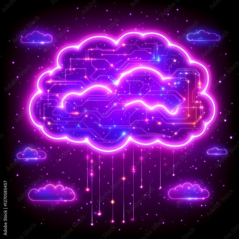 Poster digital data cloud network with neon illumination in technological abstract 3d render artwork
