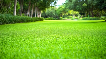 Obraz premium Lush green lawn in a serene park surrounded by trees and vibrant foliage under a clear sky