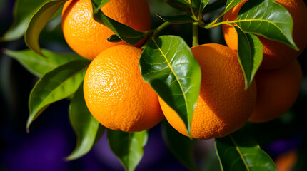  Close-up of ripe oranges on a branch, their bright orange color contrasting beautifully with the green leaves in the sunny orchard.