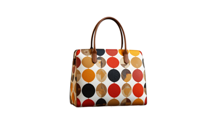 A vibrant retro handbag, bursting with joyful colors and playful polka dots against a crisp white background, showcasing a stylish and fun design with brown leather handles.