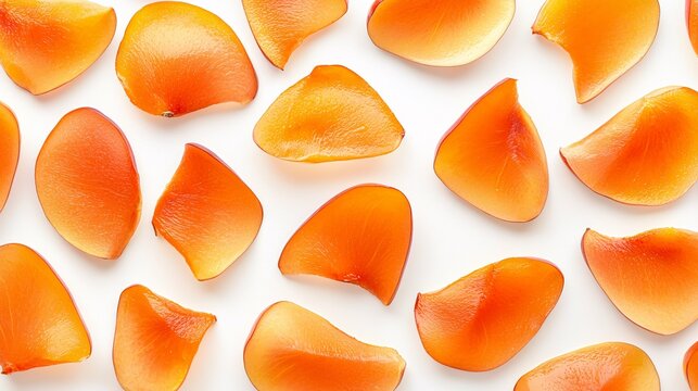 Artfully arranged peeled persimmon slices on a white background highlight their vibrant color and glossy texture, ideal for culinary displays and healthy lifestyle content.