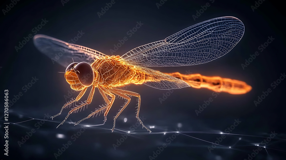 Poster digital dragonfly insect on a network structure surface with glowing features and transparent wings