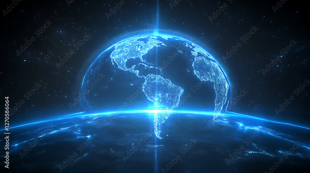 Poster digital earth globe displaying american continents with light emanating upwards into space