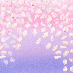 Frame with sakura flowers on gradient color background. Spring blooming cherry blossom flowers for Hanami festival. Delicate shades of pink,lilac, purple petals. Watercolor template for card, web page