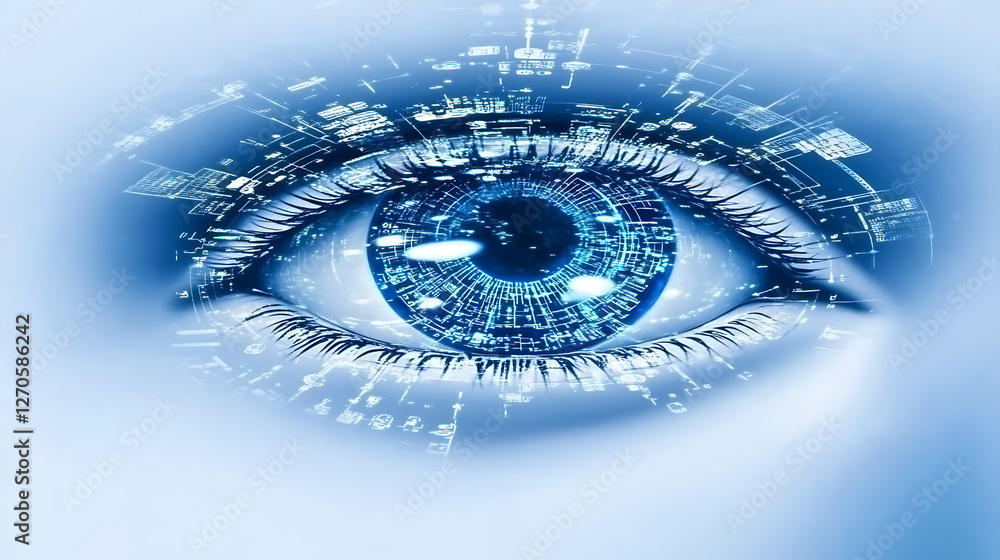 Poster digital eye data flow cybernetic interface technological vision futuristic connectivity concept