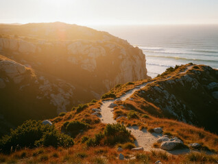 Scenic coastal path on rocky cliffs at sunset with ocean view