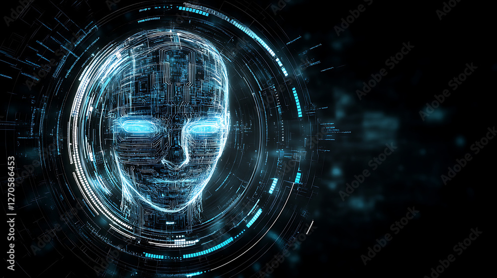 Aufkleber digital face circuitry with bright eyes a modern tech abstract representation in cyberpunk style
