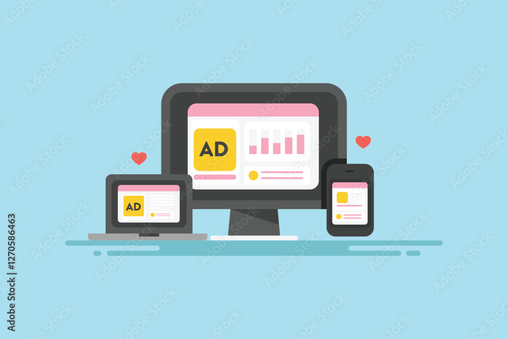Poster programmatic ads, automatic media buying and display ads on multiple device and network, marketing t