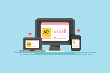 Programmatic Ads, automatic media buying and display ads on multiple device and network, marketing technology digital communication concept.