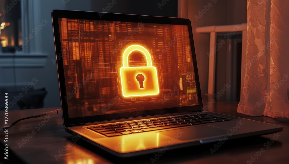 Poster laptop displaying a glowing padlock symbol, focusing on robust data security.