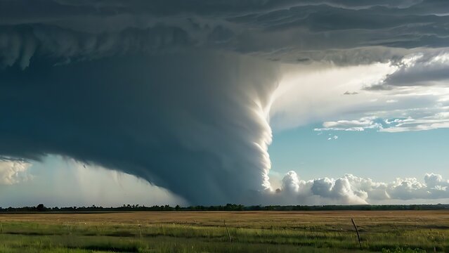 massive rotating supercell storm structure looms over peaceful prairie landscape