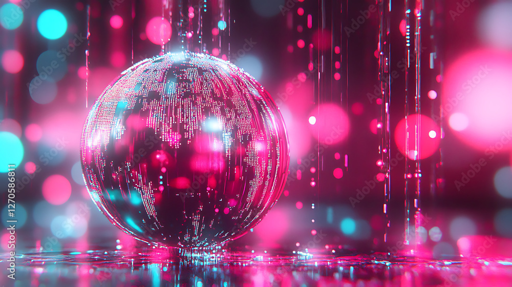 Poster digital globe data stream pink and cyan bokeh backdrop futuristic visual representation