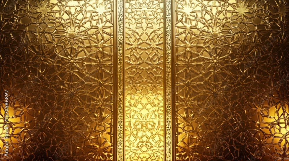 Poster intricate golden pattern wall design with abstract geometric shapes and illuminated background