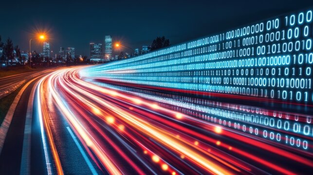 Night City Highway with Light Trails and Binary Code