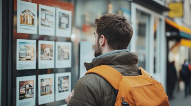 Man With Backpack Looks At Real Estate Listings In A Shop Window, Searching For A New Home.