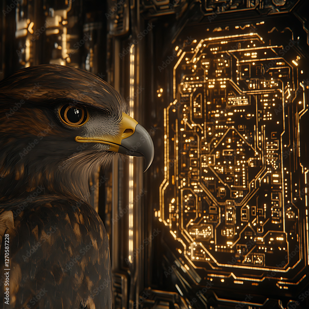 Poster digital hawk guardian of circuitry board technology protecting cybernetic system information flow